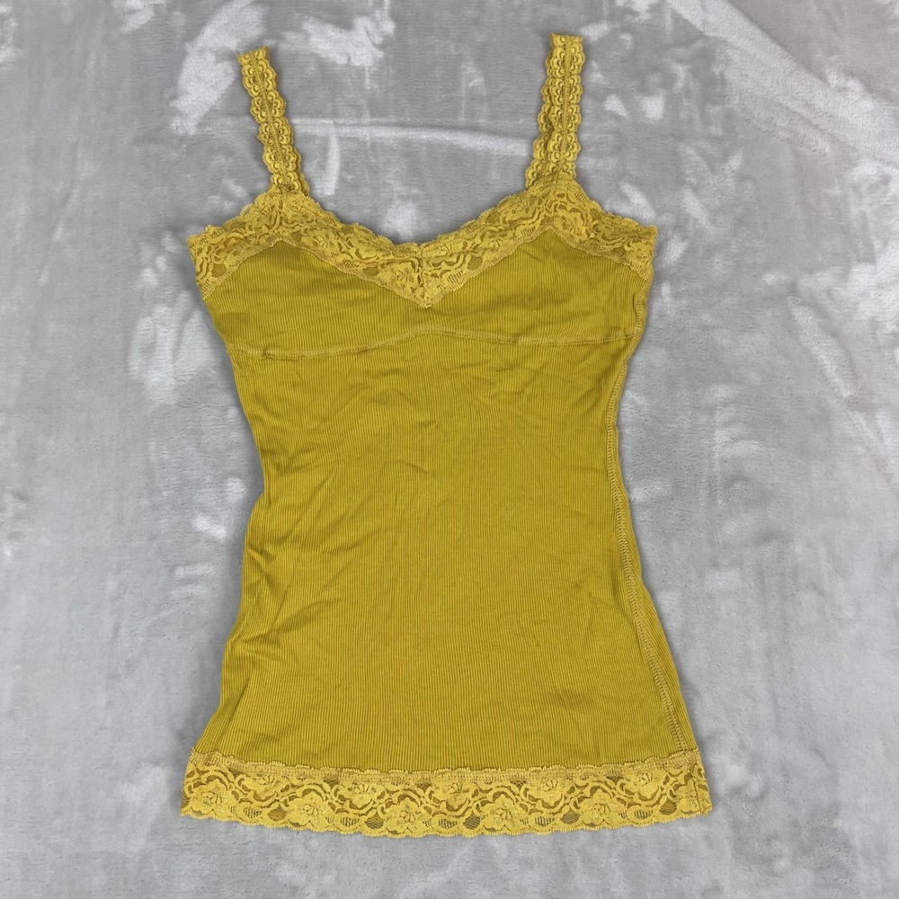 Vintage Y2K Tank Top Womens Large Yellow Lace Trim Babydoll Fairy Coquette Cami